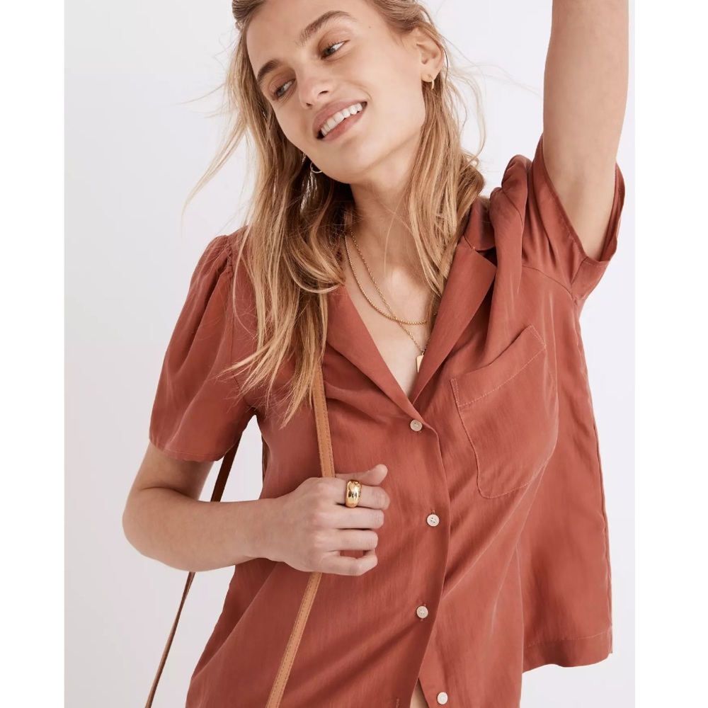 New Without Tag - Madewell Silk Puff-Sleeve Camp Shirt